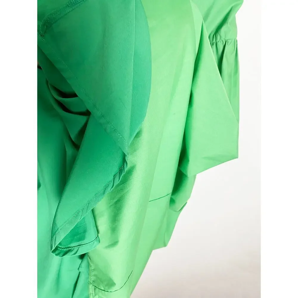 Lalavon Women's Green One Shoulder Tie Dress Midi Tiered Summer Vacation Flowy L